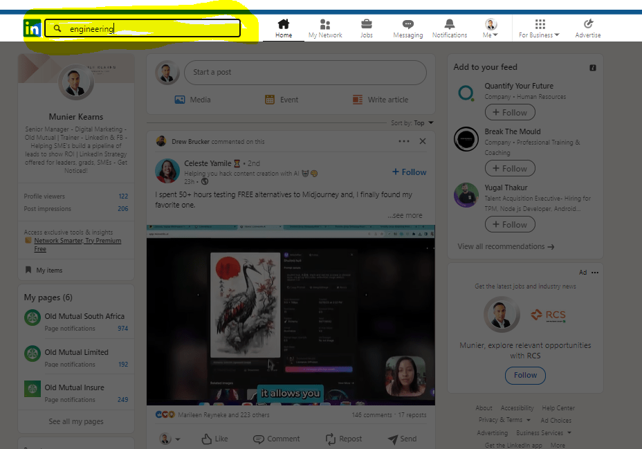 Use the Linkedin Search bar to competitor content