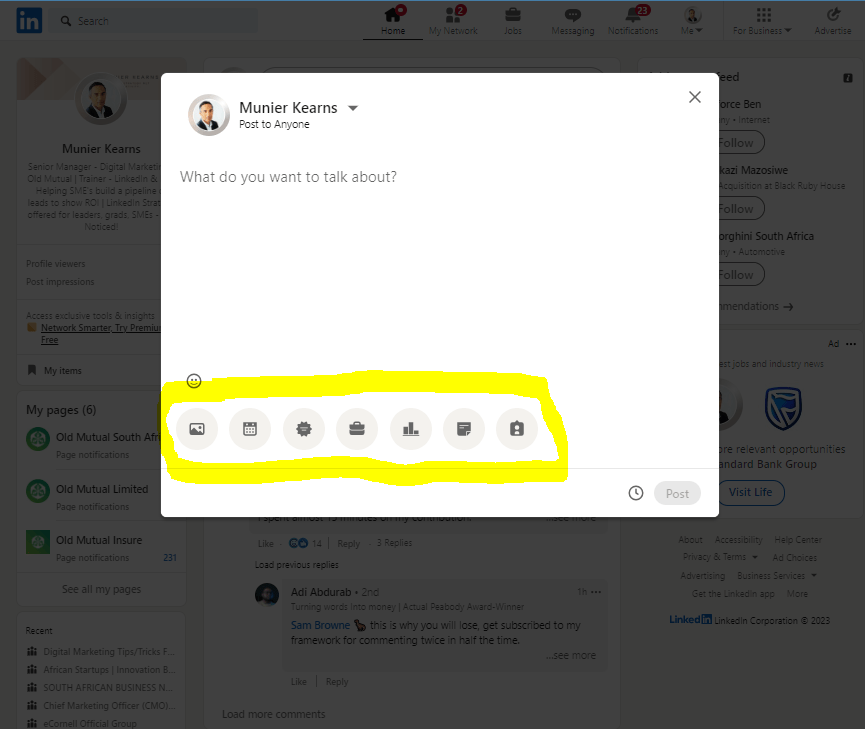 You can post a article, poll,video, create an event, add a document, celebrate an occassion.